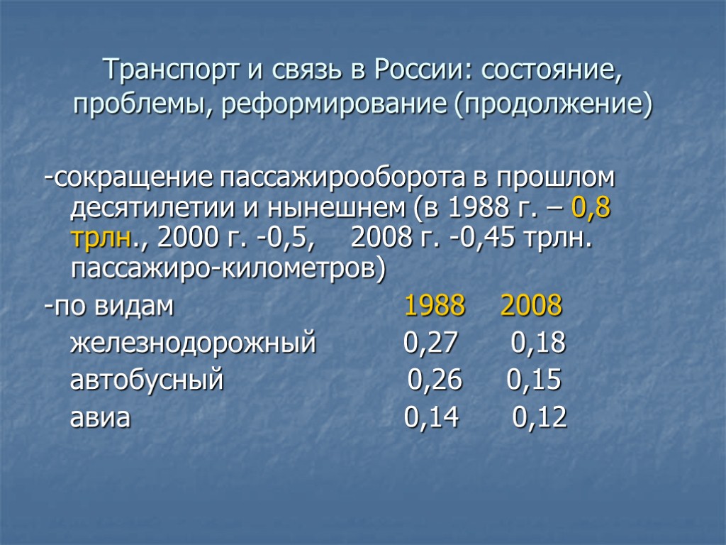 Транспорт и связь в России: состояние, проблемы, реформирование (продолжение) -сокращение пассажирооборота в прошлом десятилетии